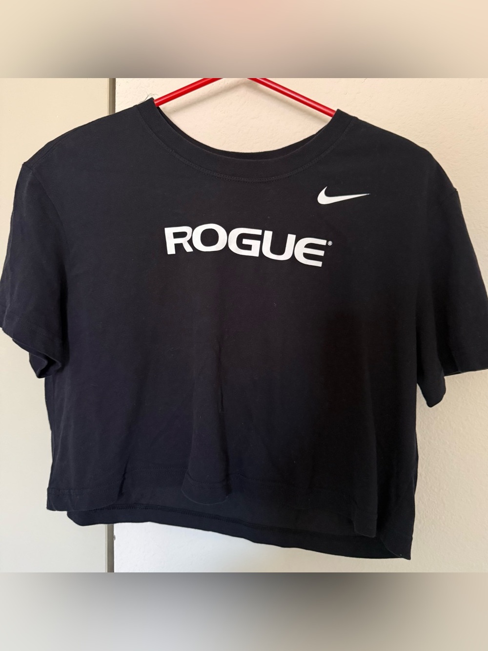 Nike Black Cropped Tee with White ROGUE Logo and Swoosh